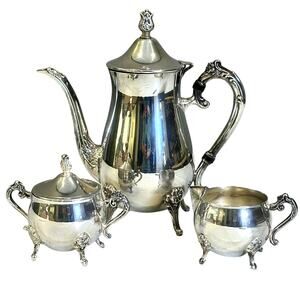Leonard Silverplate 3-Piece Tea/Coffee Pot, Cream Pitcher, Sugar Bowl w/Lid